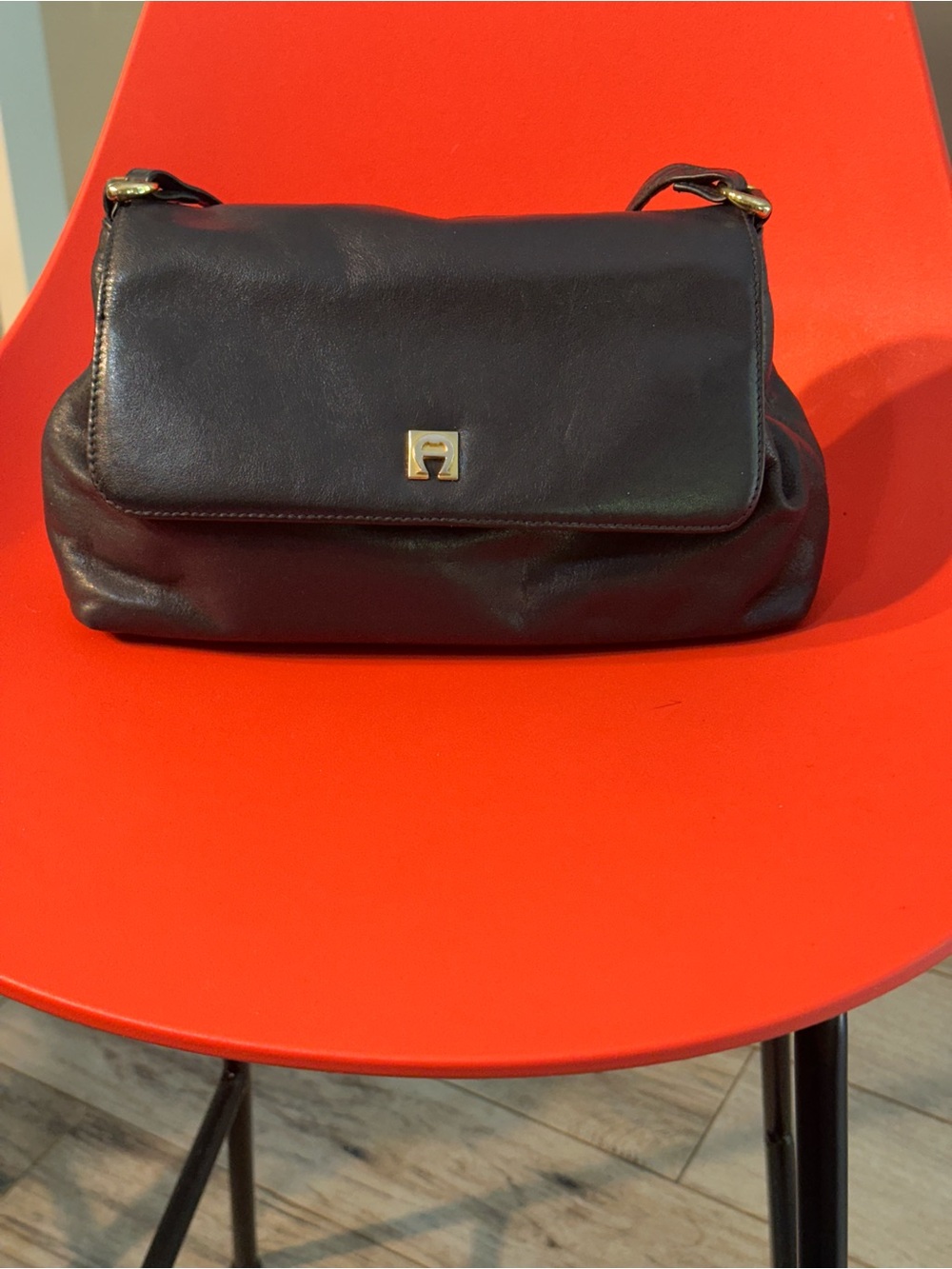 Etienne Aigner Navy Leather Shoulder Bag with Gold Accent